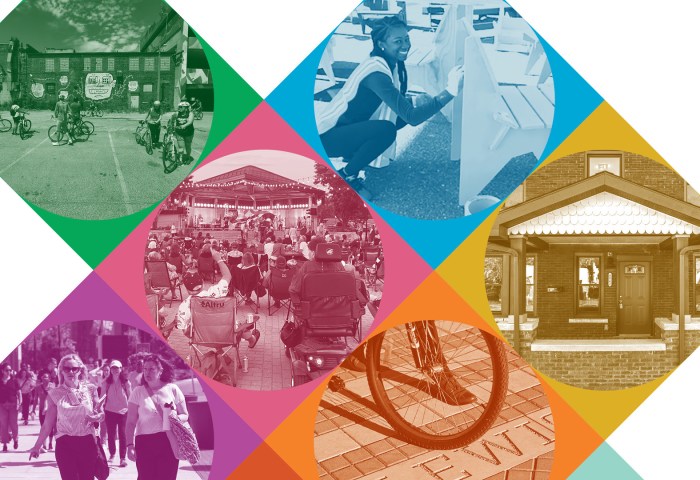 A mosaic of images that show city life.