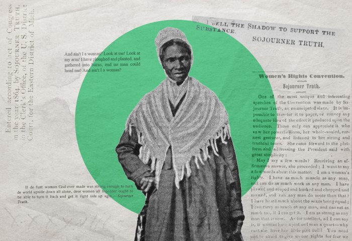 Stylized image of Sojourner Truth, featuring her image and various lines of text.